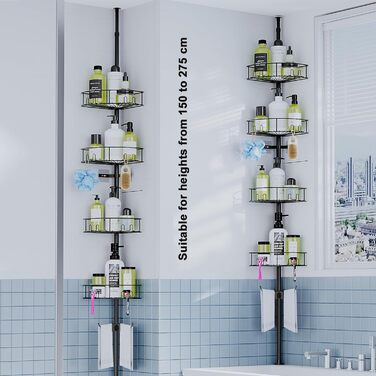Bomclap Telescopic Shower Shelf with 4 Baskets and 1 Towel Holder, Shower Shelf No Drilling Required, Height Adjustable 149-276cm for Shower and Bathtub, Black