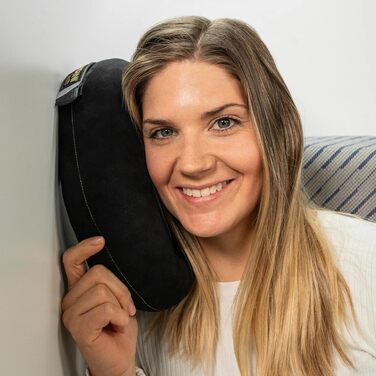 Подушка для подорожей SANDINI TravelFix Premium чорна з велюру: анатомічна підтримка шиї, з транспортним чохлом та кліпсою, виготовлено в ЄС