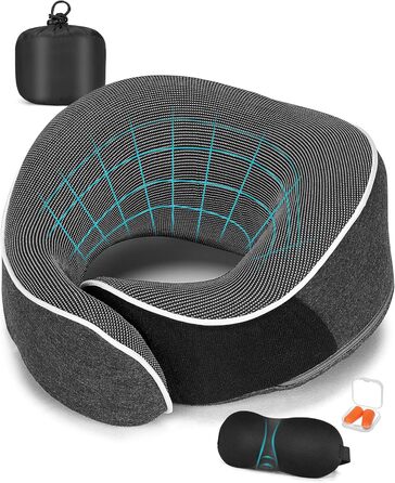Подушка для шиї в літак, доросла, з піною з пам'яті, регульована та компактна, для автомобіля з навушниками, маскою для сну, чохлом