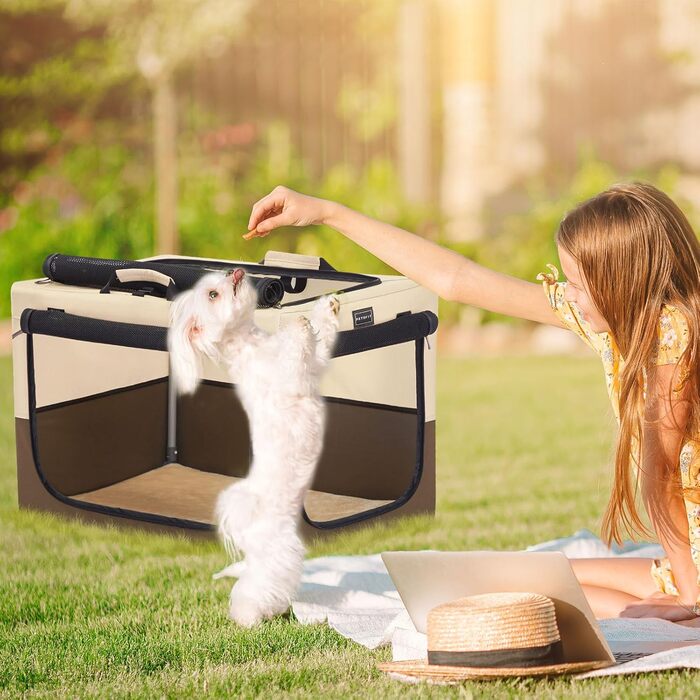 Клітка для собак Petsfit, складана, для середніх та маленьких собак, для дому, транспортування, з регульованим дизайном, з міцними сітчастими вікнами та м'якою підстилкою (61 x 46 x 43 см, колір кава)