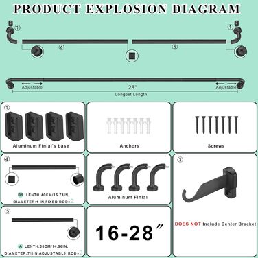 Штанга для штор Warmgold, діаметр 2,5 см, регульована штанга для затемнення, алюмінієві кінчики та кріплення, 71–381 см (2 шт. 16–28 см, чорний)