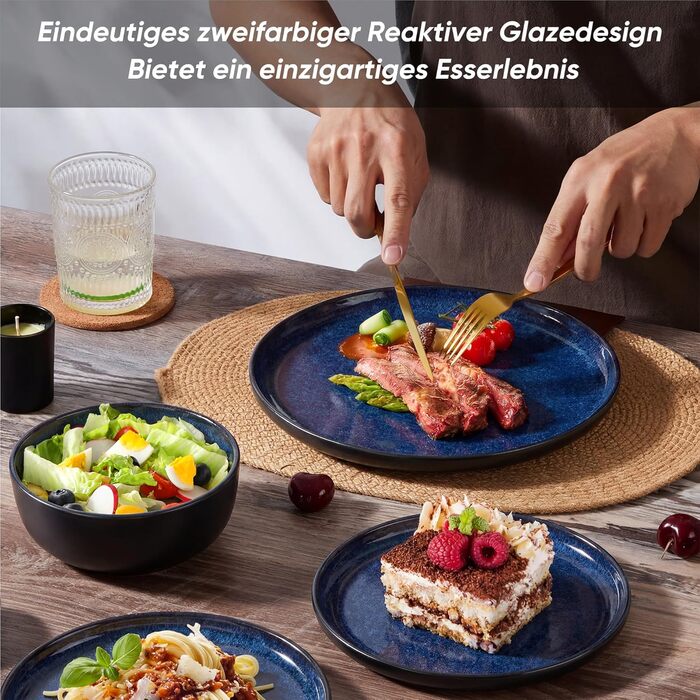 Набір посуду HaWare на 6 осіб, 18 предметів: тарілки з реактивної глазурі, комплект посуду для сервірування столу (Edelblau)