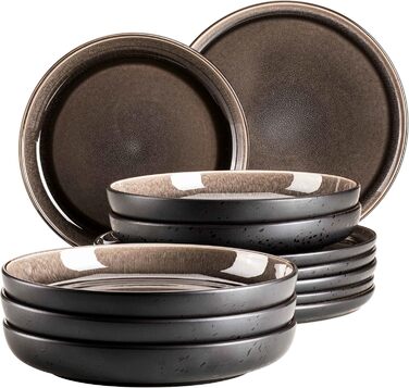 MÄSER 934021, Niara Series, Modern Plate Set for 6 People in Exciting Vintage Look, 12-Piece Ceramic Tableware Set in Grey and Black, Stoneware Plate Set 12-Piece Grey