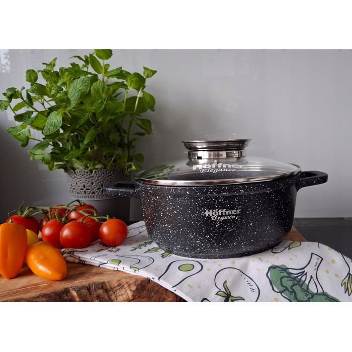Набір каструль Hoffner, алюміній з мармуровим покриттям, чорний, 17 предметів