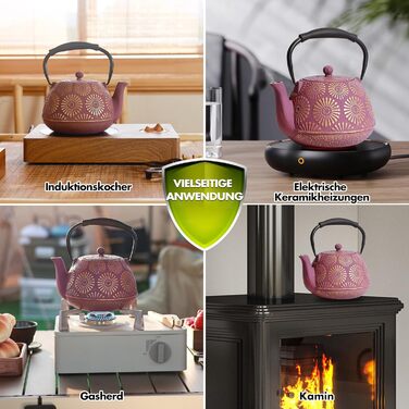 MILVBUSISS Cast Iron Teapot, 1200 ml, Large Capacity, Stovetop Kettle with Infuser, Japanese Teapot for Loose Leaf Tea, Enameled Interior Coating, Silicone Handle, Pink