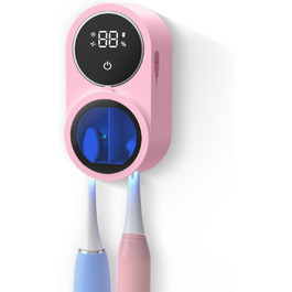 Biodzzs Wall-Mounted Toothbrush Holder and Cleaner, Smart Light Cleaning and Fan Drying, Automatic Rotating Cover, Toothbrush Case with Digital Screen, Portable, Blue (03 Pink)