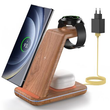 Бездротова зарядка JoyGeek 3 в 1 для Samsung Galaxy: смартфонів (S25/S24/S23/S22/Z Flip/Fold) та годинників/навушників (Watch Ultra/8-4/Buds), з бамбуковою підставкою