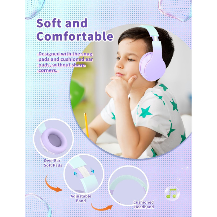 Xunpuls Бездротові навушники для дітей Bluetooth Over-Ear з мікрофоном (фіолетові)