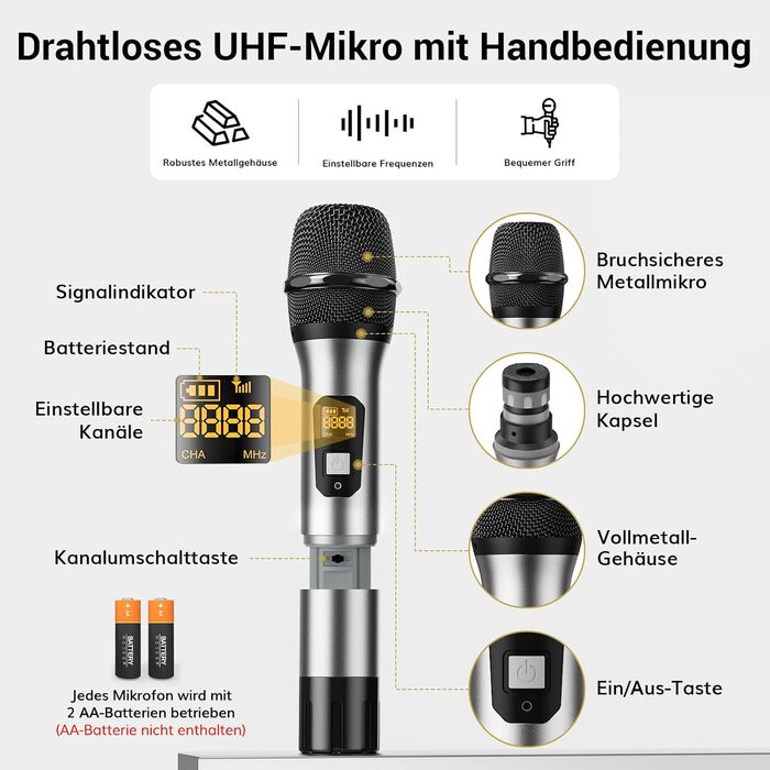 TONOR Бездротовий мікрофонний комплект з 4 каналами UHF: ручний, нагрудний, гарнітурний, лавел'єрний. Дальність дії 90м. Підходить для співу, караоке. 2 ручні мікрофони та 2 кишенькові передавачі
