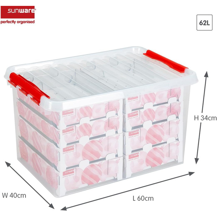 Sunware Q-Series Box for Christmas decorations with shelves for 116 baubles, transparent/red, one size