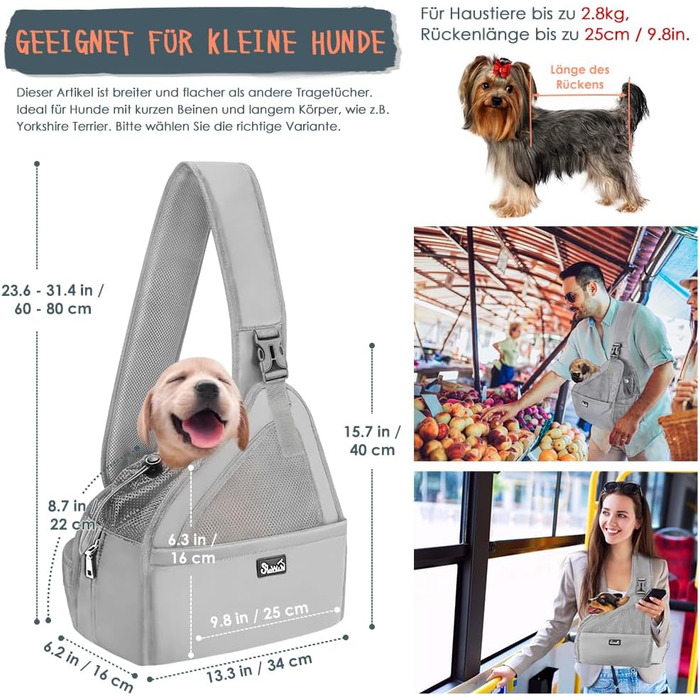 Dog-friendly sling carriers, hands-free travel bag for small pets with adjustable straps, hardboard base, safety belt, for dogs up to 2.8kg, wider version, gray