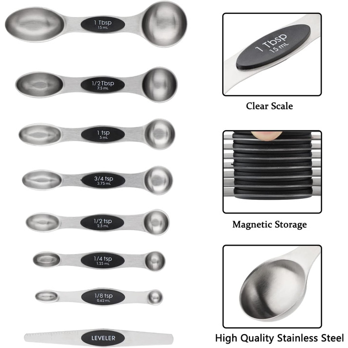Measuring cup and spoon set includes 5 stainless steel measuring cups, 7 magnetic measuring spoons, and 1 leveler for dry or liquid ingredients (black)