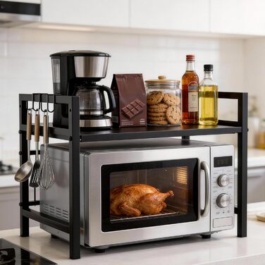 Розширювана полиця для мікрохвильової печі Ribelli, 2 яруси, сталева, з 3 гачками, чорна