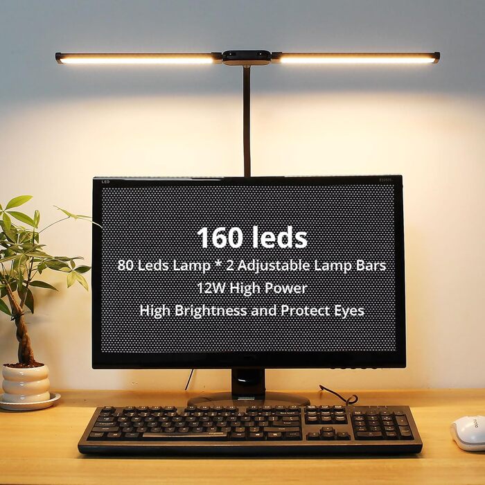 LED лампа настільна з двома головками, регулювання яскравості, 960 люмен, захист очей, 5 кольорів, 10 рівнів яскравості, для офісу та дому, чорна, 61 см
