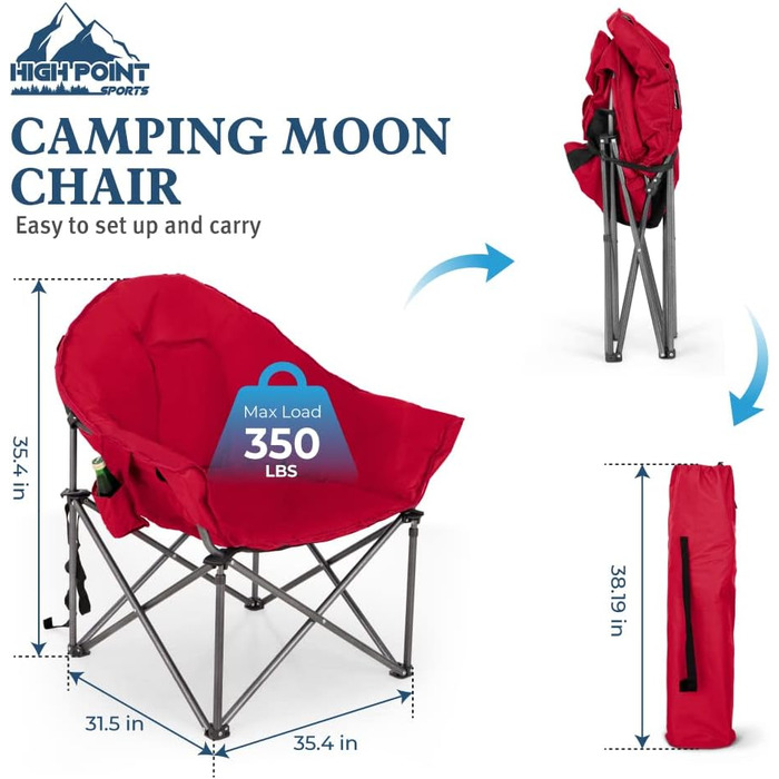 Крісло для кемпінгу High Point Sports Moon XXL: широке, складне, до 150 кг, червоне
