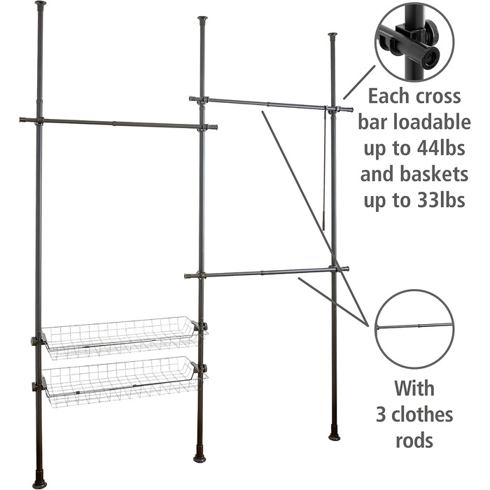 WENKO Telescopic System Hercules Duo, 3 Clothes Rails, 2 Storage Baskets, Extendable, Powder-Coated Metal, 164-215 x 165-300 x 38 cm, Matte Black
