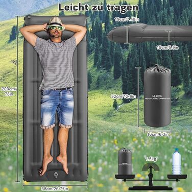 MILFECH Килимок для кемпінгу самонадувний, 14 см, з інтегрованими подушками та насосом для ніг, ультралегкий, водонепроникний, для відпочинку на природі, туризму, зелений (сірий)