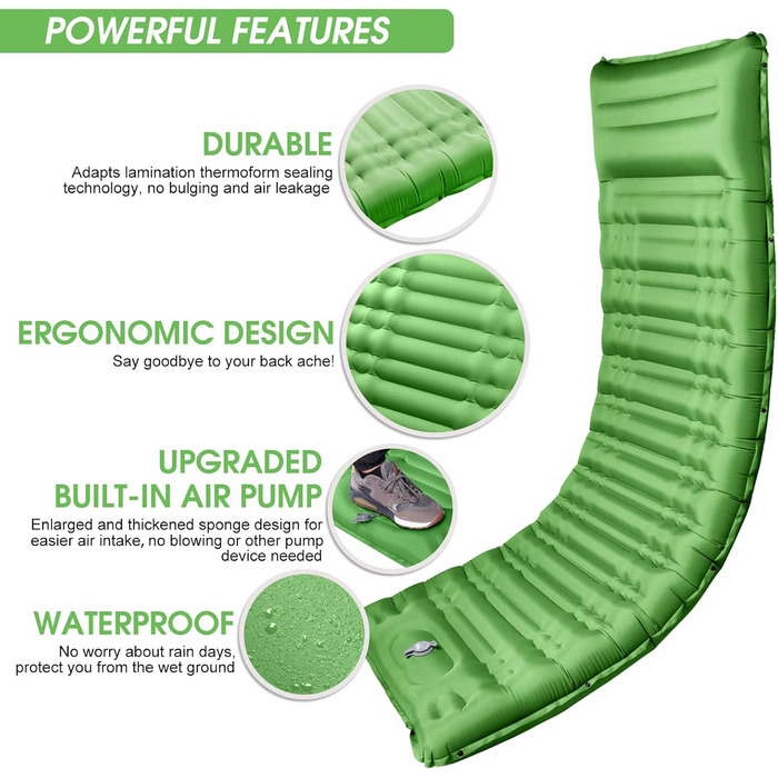 Надувний матрац Isomatte 12 см для кемпінгу з насосом та подушкою, зелений. Анти-розривний, портативний, для туризму, подорожей, пляжу