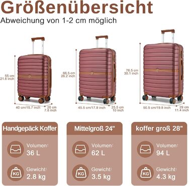 Чемодан KONO 3-в-1: ABS+PC, з коліщатками та кодовим замком (55см, ручна поклажа), червоно-коричневий