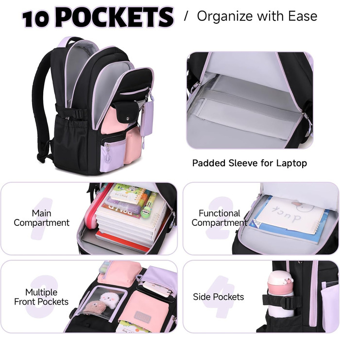 Шкільний рюкзак Tanou для дівчаток: великий, з тканини Oxford, з багатьма відділеннями, чорно-фіолетовий