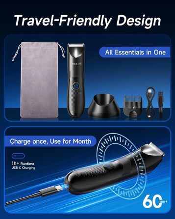 Електричний триммер для чоловічих інтимних зон VIKICON з LED-підсвічуванням, водонепроникний, для тіла та гоління, акумуляторний, чорний