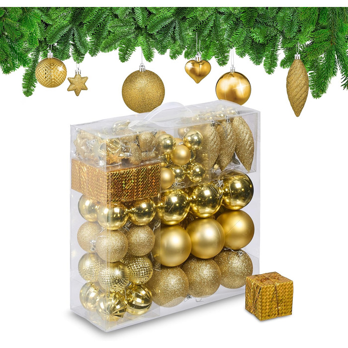 Набір прикрас для ялинки Relaxdays: 110 кульок, мішура та інше. Золотий декор для ялинки
