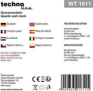 Technoline WT1611 Large Analog Wall Clock WT 1611, quartz, Technoline, Metal/MDF, brown, Ø 58 cm