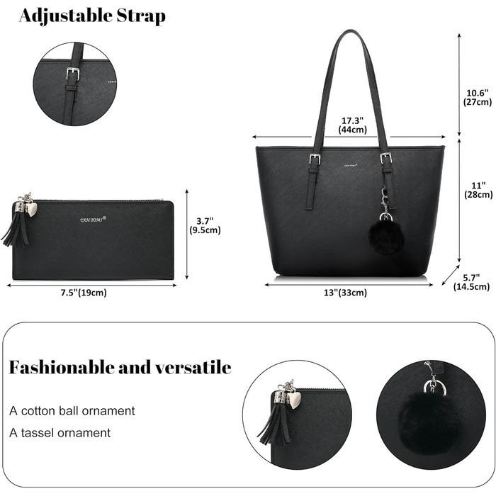 Сумка жіноча TANTOMI з гаманцем: для офісу, школи, покупок, велика, чорна, з пензликом та помпоном з штучного хутра