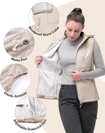 Жіночий софтшеллова жилетка 33000ft з капюшоном, флісовою підкладкою та 5 кишенями для їзди на конях, бігу, хайкінгу (4XL, світло-кахкі)
