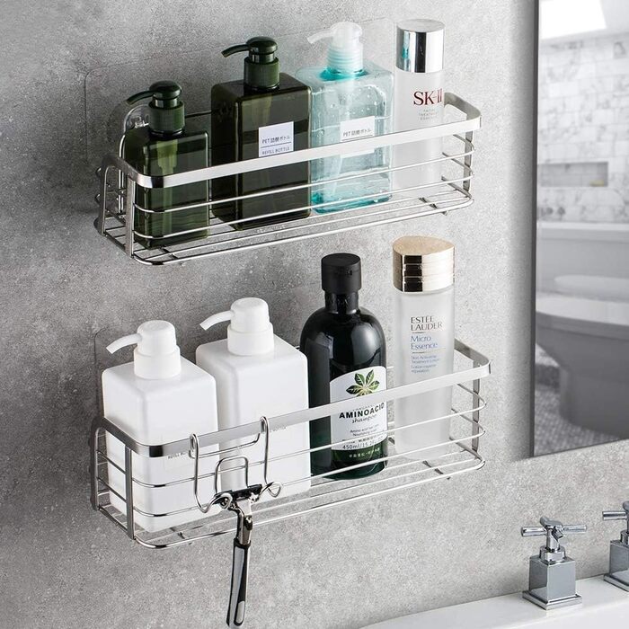Avoalre Shower Caddy, Stainless Steel Shower Shelf, No Drilling Required, Shower Basket with Strong Adhesive, 2 Pack, Lightweight Shower Shelf with 1 Movable Suction Hook