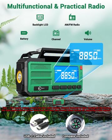 Радіоприймач Esky Kurbelradio з сонячною батареєю, 10000mAh, AM/FM, USB-зарядка, LED-ліхтарик, SOS-сигнал, компас, портативне для кемпінгу та надзвичайних ситуацій, зелений