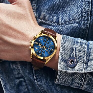 Чоловічий годинник OLEVS Vintage з шкіряним ремінцем, велике циферблат, водостійкий, аналоговий годинник з датою (2872, блакитний циферблат/коричневий ремінець)