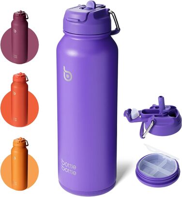 BOTTLE BOTTLE Insulated Water Bottle with Straw, Sport Stainless Steel Water Bottle with Grip Lid, Outdoor Sports Bottle for Pills, 1L (White) (Violet)