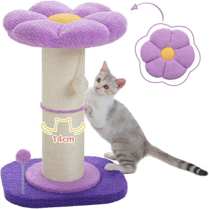 Flower Cat Tree - Small Cat Tree for Indoor Cats with Super Thick Scratching Post [Dia=14cm], Detachable Flower Cat Bed, Feather Ball - (Purple)