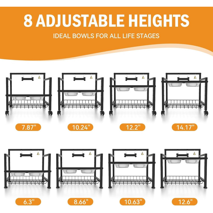 Підвищені годівниці для собак Angeloyang з колесами, з нержавіючої сталі, регульовані, 8 рівнів висоти, 16-36 см, для середніх та великих собак, з повільним дозатором корму та мисками з нержавіючої сталі, з можливістю зберігання та колесами