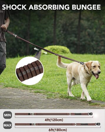 Тактична повідок для собак Joytale, еластична повідок з 2 м'якими ручками, страхувальний ремінь для автомобіля, повідок без натягу для собак середніх, великих та екстра-великих порід (1.2м-1.8м, коричнева)
