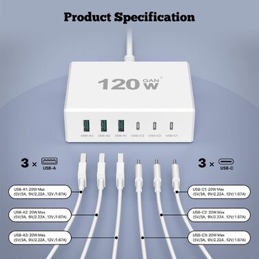Зарядний пристрій USB-C 120W GaN, 6 портів, для iPhone/Samsung/Google/планшетів, білий
