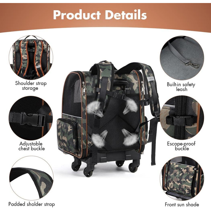Рюкзак-переноска для котів та собак з візком 2-в-1, розширюваний, до 8 кг, камуфляж L