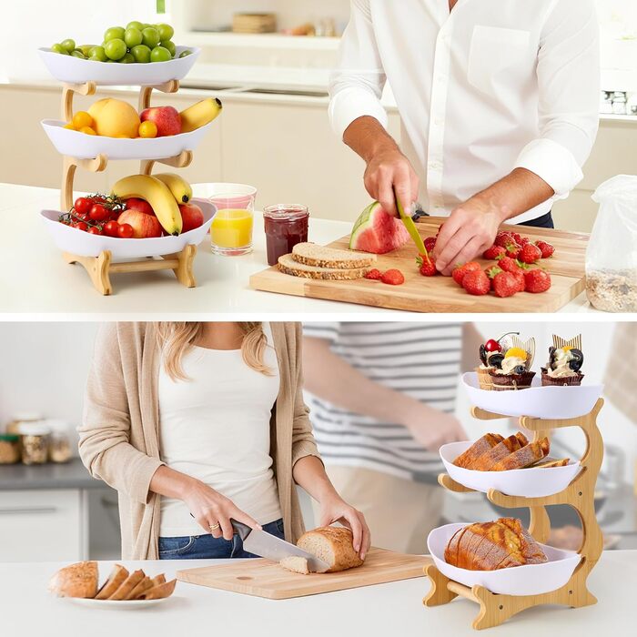 Трирівнева етажерка для фруктів та закусок з бамбуковим підставкою, преміум-пластик