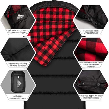 Спальний мішок Baumwoll-Flanell для дорослих: легкий, водостійкий, з 100% бавовняною підкладкою. Ідеальний для кемпінгу, подорожей, хати та відпочинку на природі. Чорний/Червоний