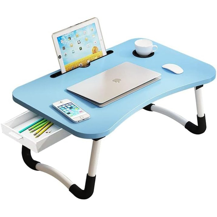 Стіл для ліжка з підставкою для ноутбука та органайзером, блакитний (23.6 дюйми)