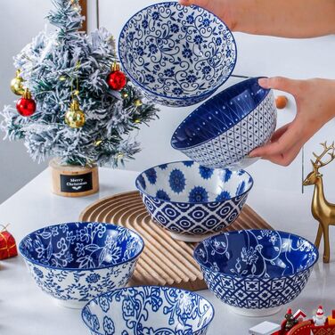 Набір супових тарілок з кераміки (6 шт.) - 709 мл, глибокі миски для каші, салату, пасти, десерту - кераміка, блакитний вінтаж