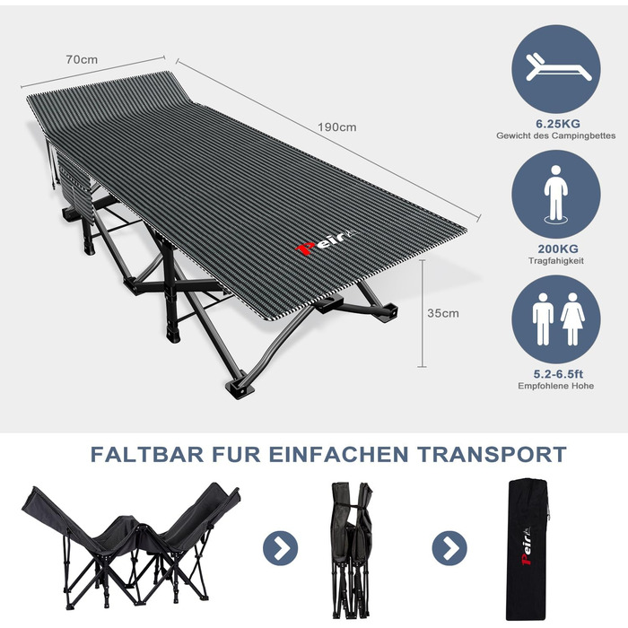 Кемпінгове ліжко Peirhw: складане, широке, з матрацом, до 200 кг, легке та портативне для подорожей