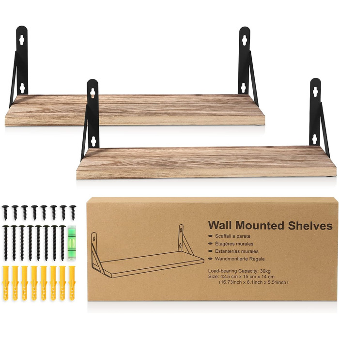 Настінна полиця з дерева, 2 шт. у комплекті, рустикальний стиль, з тримачем для рушників, світло-коричневий колір, для спальні, вітальні, ванної кімнати, кухні, офісу