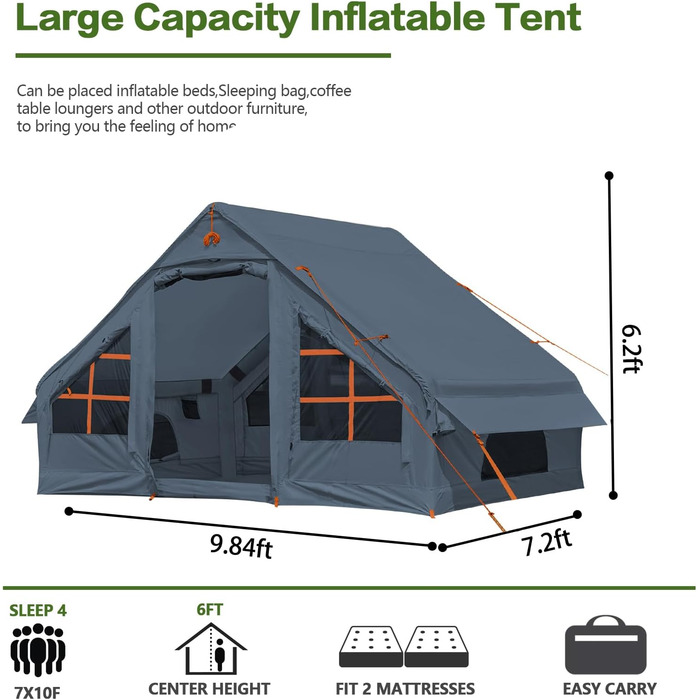 Надувний кемпінговий намет Glamping для 4 осіб сірий 2025: швидке встановлення, захист від дощу та москітної сітки