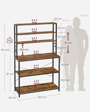Стелаж кухонний VASAGLE з 6 полицями та гачками, 40 x 60 x 167 см, колір горіх + білий