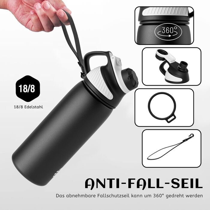 Фляга спортивна Fjbottle Edelstahl 600 мл з магнітною кришкою, нержавіюча сталь, BPA-free, для школи, фітнесу, чорна