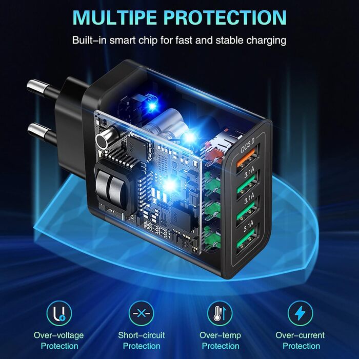 Зарядний пристрій USB 33W QC 3.0, 4 порти + 2 кабелі USB-C (2м/3м) для Samsung Galaxy S24/23/22/21, iPad Pro, LG, Sony - чорний