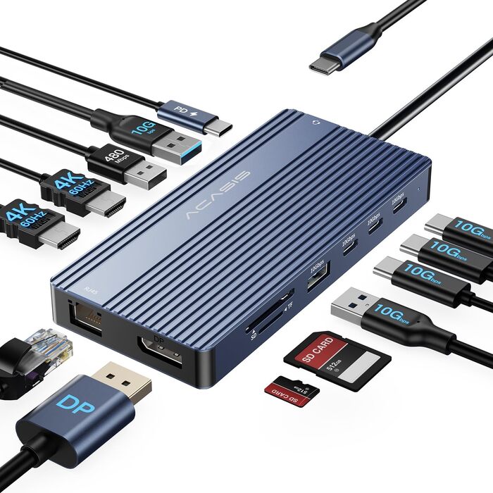 Хаб USB-C ACASIS DS0202 з двома виходами HDMI та DP (4K60Hz), Ethernet, 3 USB, 10Gbps, 100W PD, SD/TF, Audio, для MacBook/Dell/HP/Lenovo
