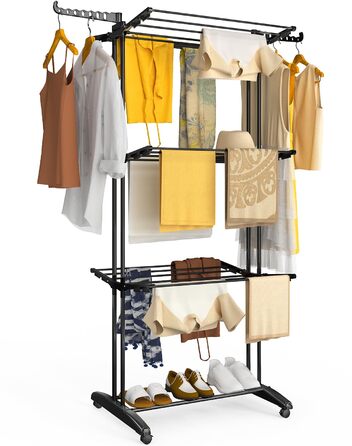 Вounot® Сушарка для білизни Торгова вежа, 4 яруси, компактна, складна, з колесами та бічними крилами, сушильна вежа для дому та вулиці, 125x62x173 см, чорна